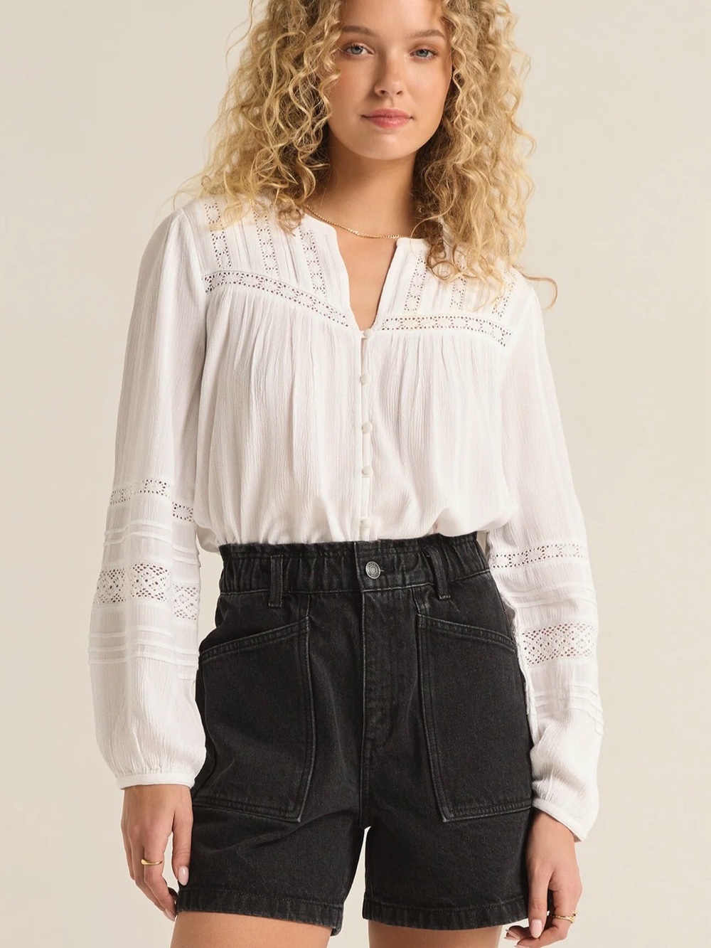 Z Supply Jude Top, White Button-Front Lace Blouse